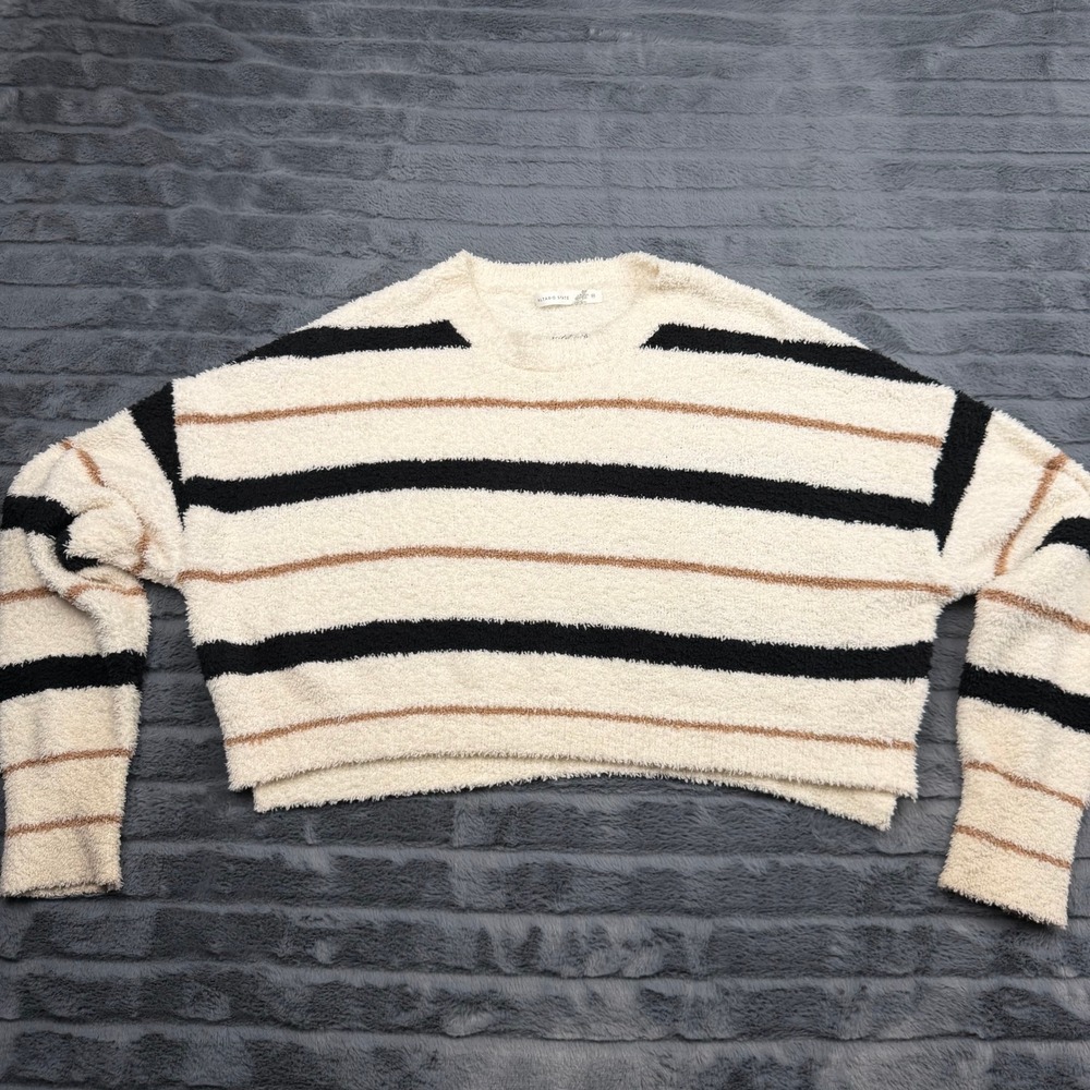 Altar'd State Striped Fuzzy Cropped Sweater Ivory Black Tan T3198SWAS Womens M